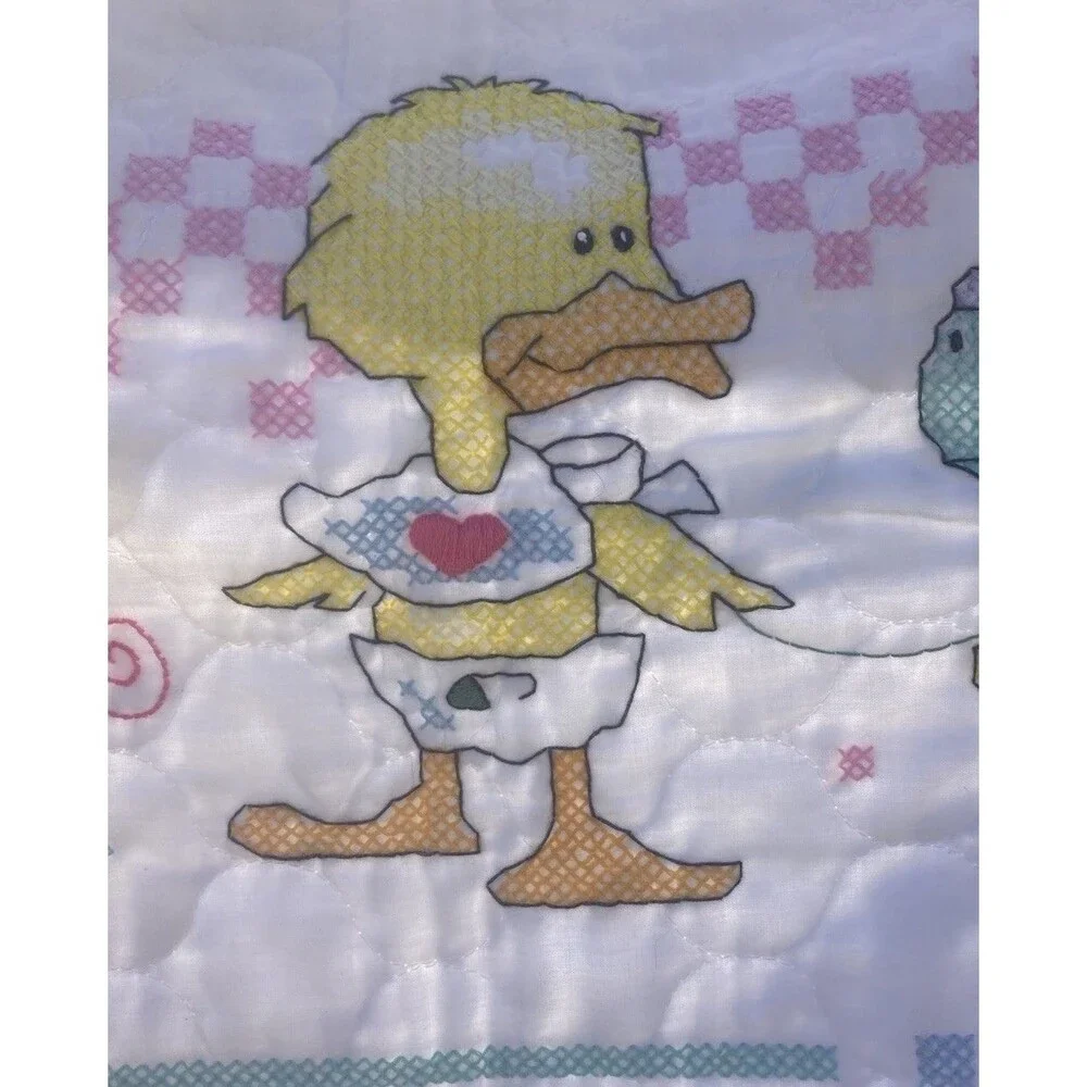 Vintage Cross Stitch Baby Crib Blanket Quilt Cute or What? Handmade 32